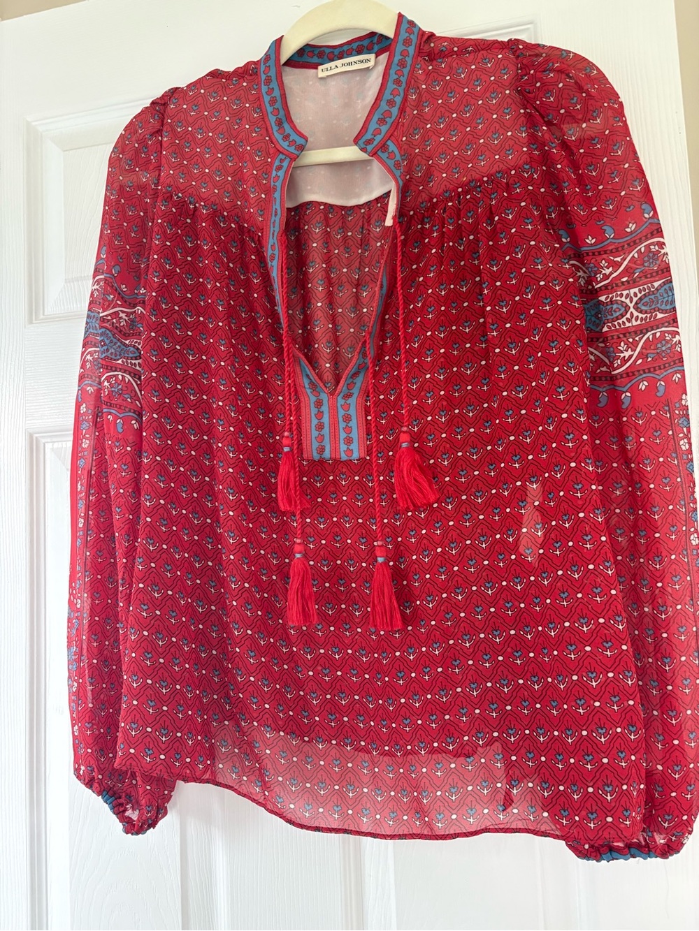 Ulla Johnson Red Printed Tassel Peasant Blouse with Blue Trim